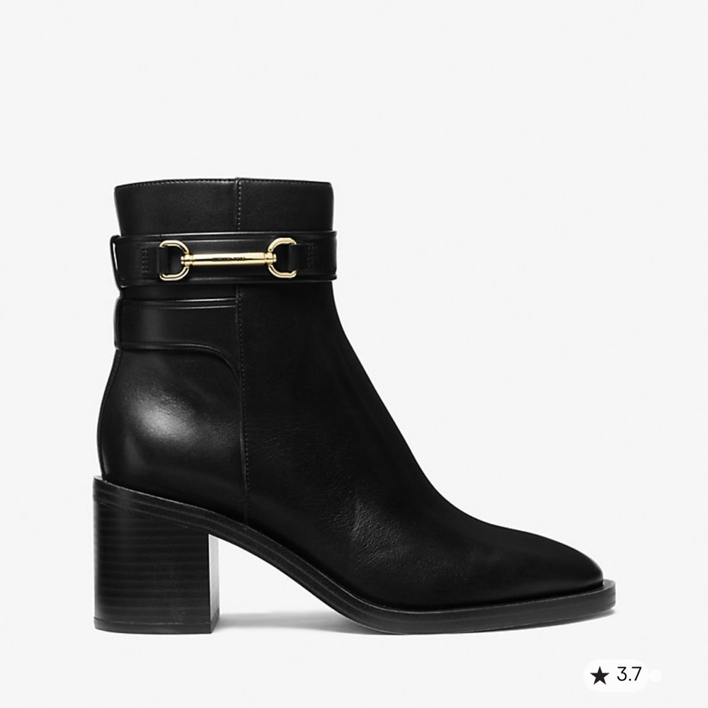 Michael Kors Carson Black Leather Ankle Boots with Gold Buckle